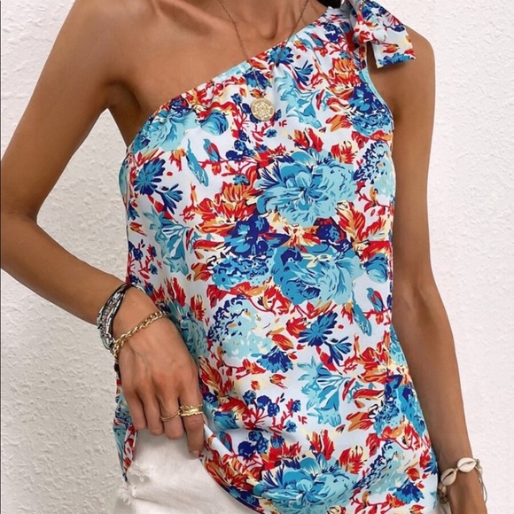 Boho Floral Print One Shoulder Top Blouse - Picture 7 of 15